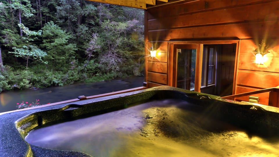 Six person hot tub looks over the river.  Great ending for the perfect day.