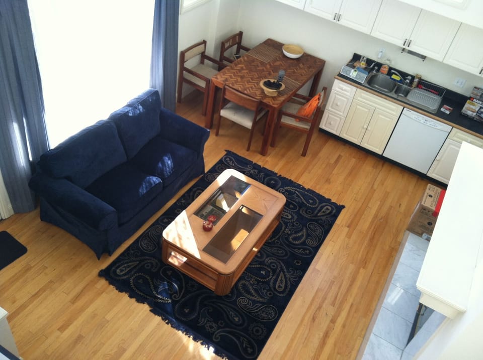 View from sleeping loft down to living room/dining area