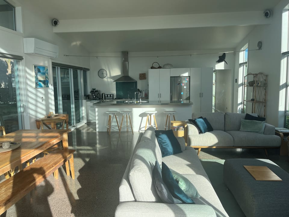 Sun filled kitchen, lounge and dining area