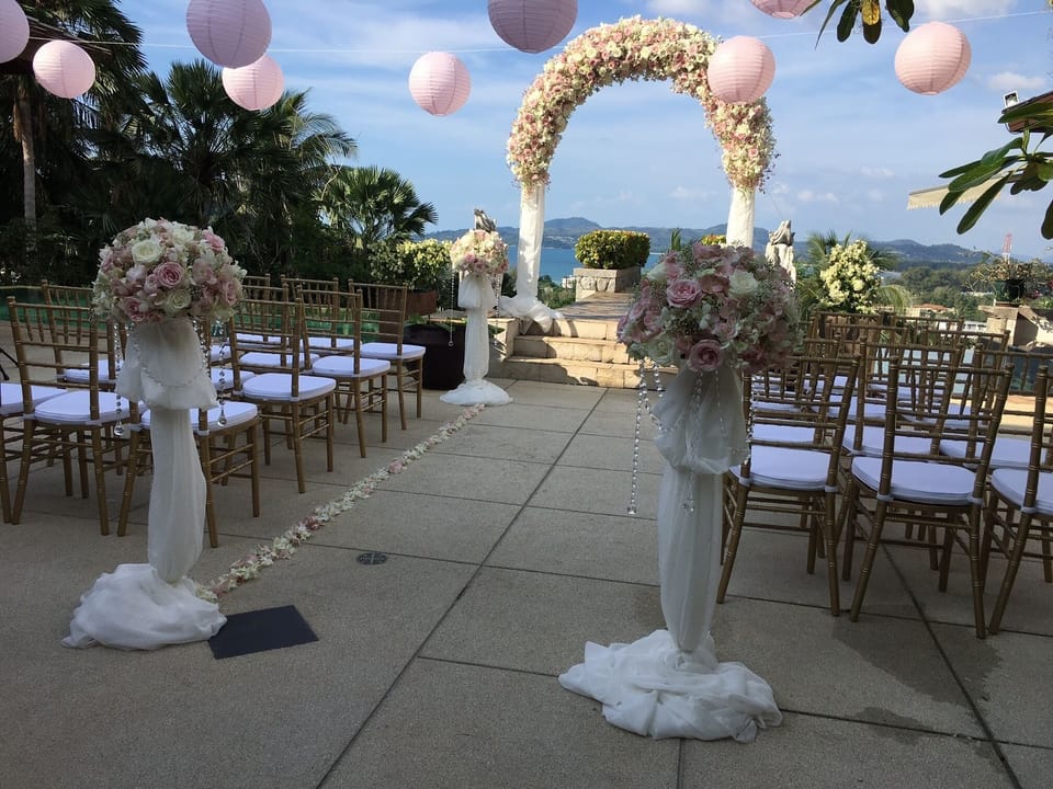 The pool terrace prepared for a wedding