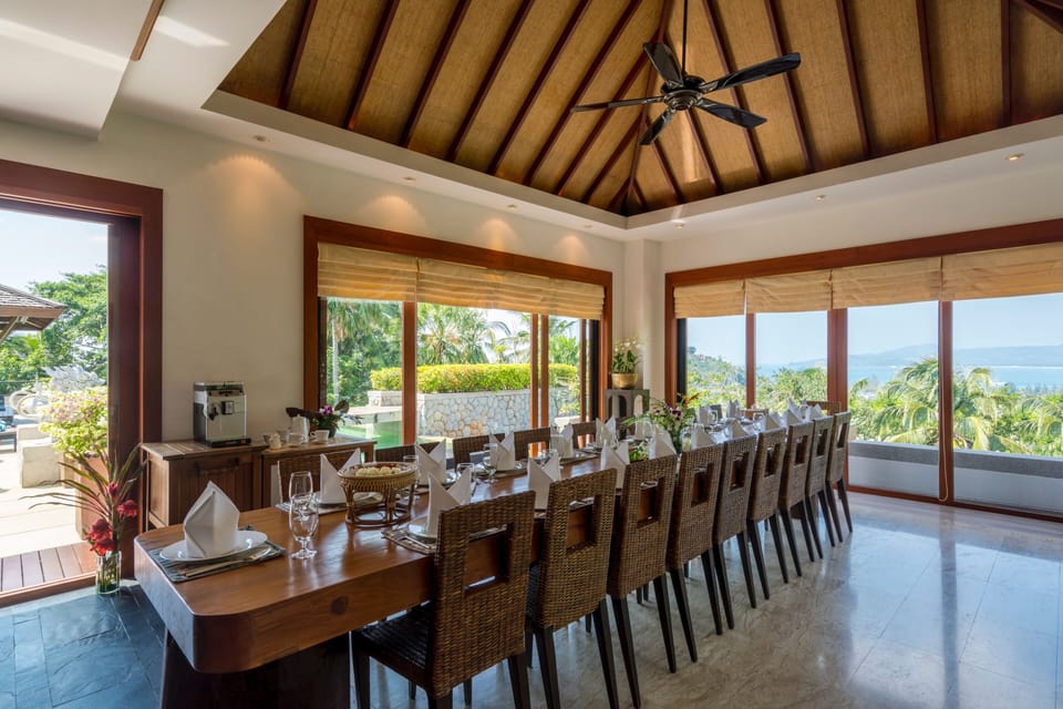 The dining room seats up to 20 and has panoramic ocean views