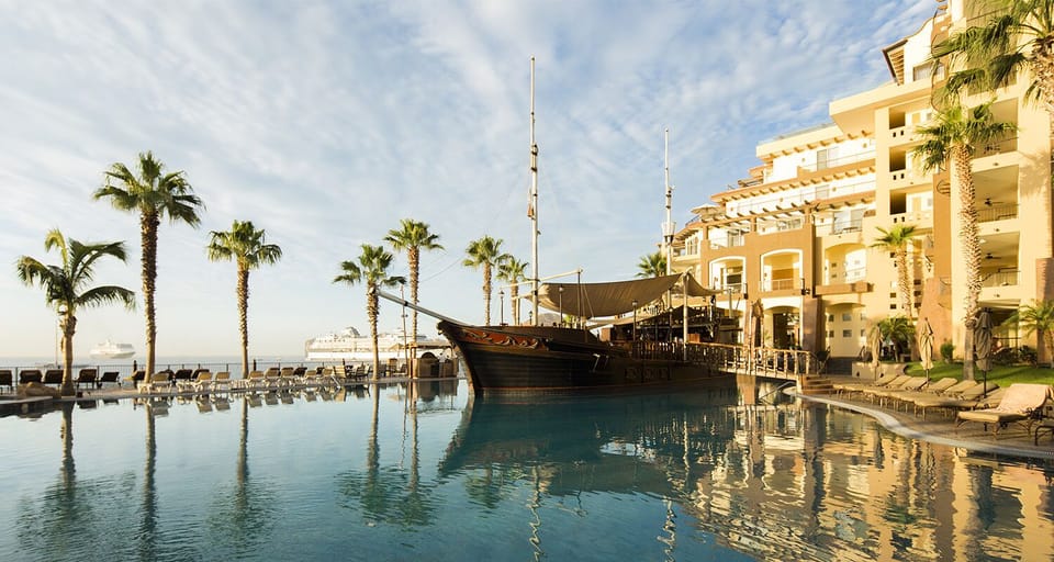 View of one of the pools and the pirate ship which houses a bar and restaurant.