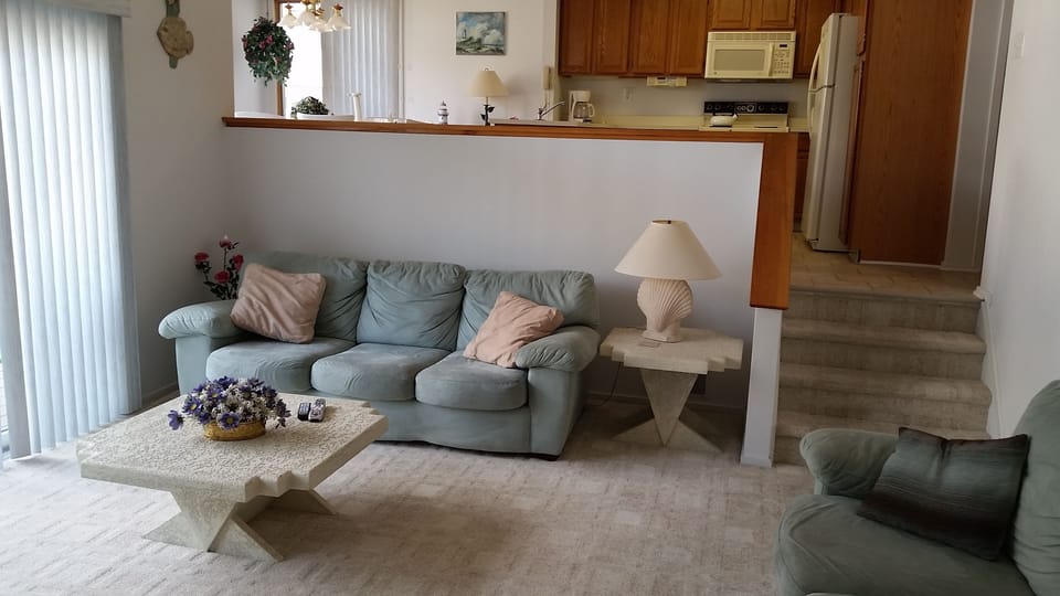 sunken living room  
with pull out couch bed for two. 
