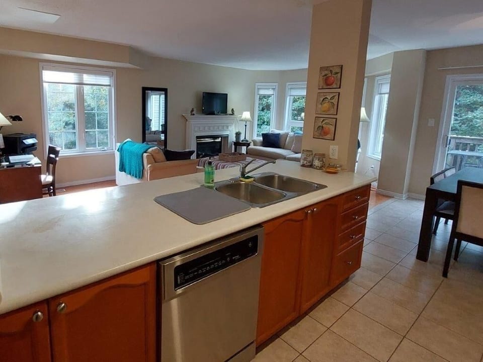 Kitchen left hand side with sink and dishwasher.