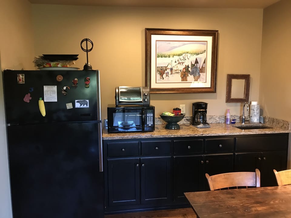Mini Kitchen area with Full Refrigerator with Ice Maker, Microwave, Coffee Pot.
