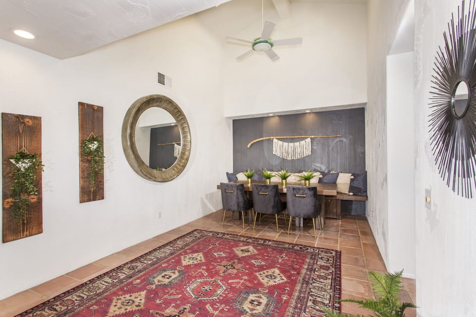 Vaulted ceilings in large dining room