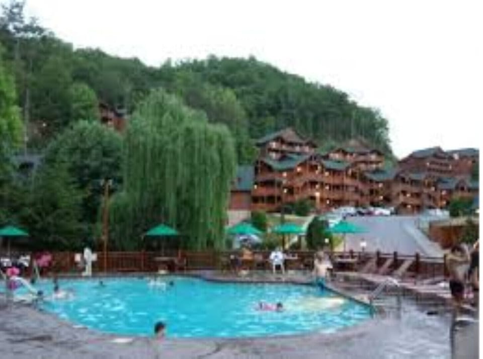 View of the outdoor pool and cabins 
