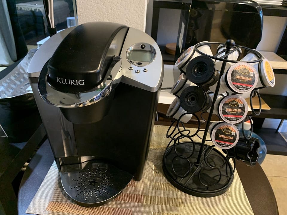 There is also a drip coffee maker and a french press