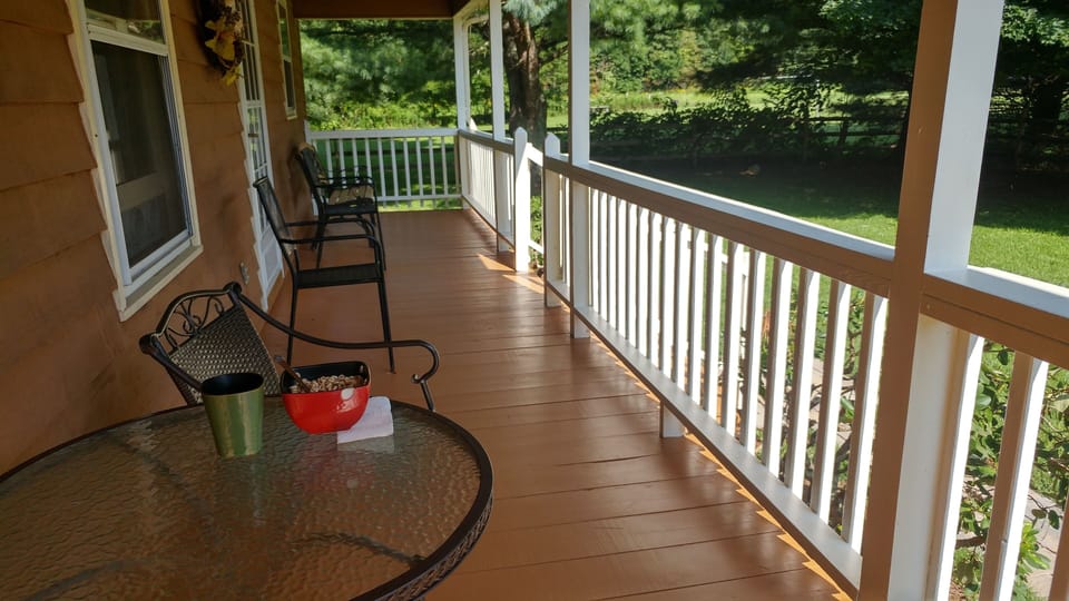 Covered front deck. Great for breakfast, listening to  birds and deer watching.