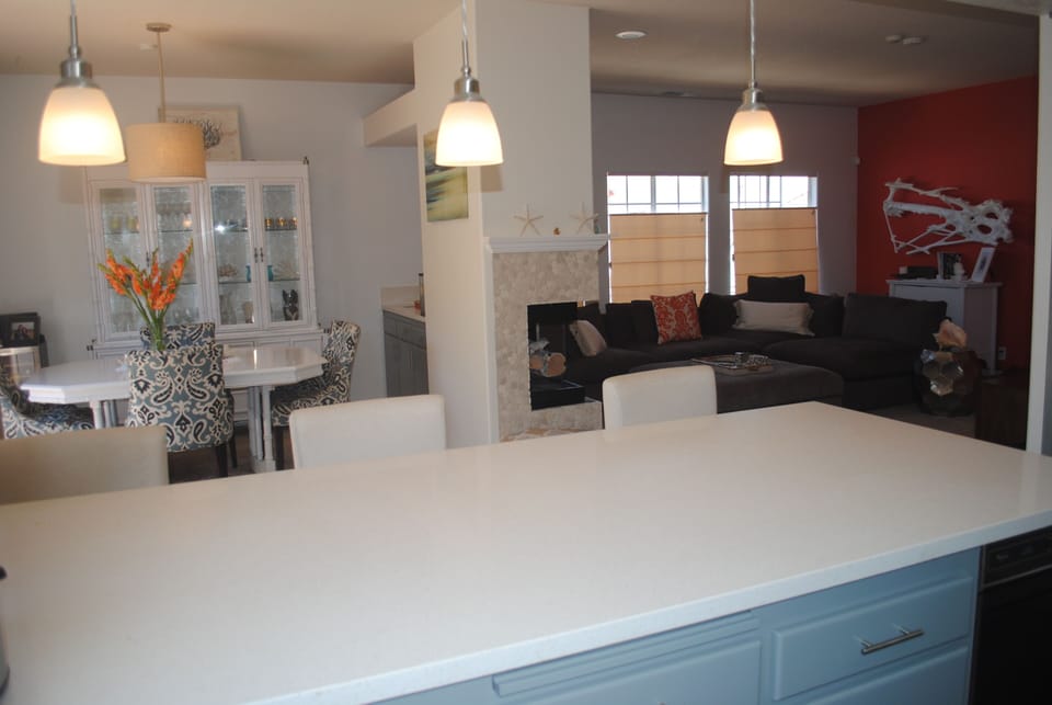 Kitchen, dining room, and living room