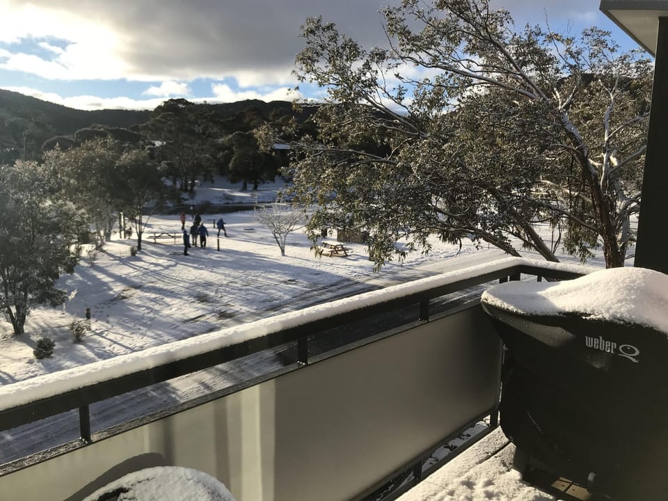 Balcony overlooking lake in winter