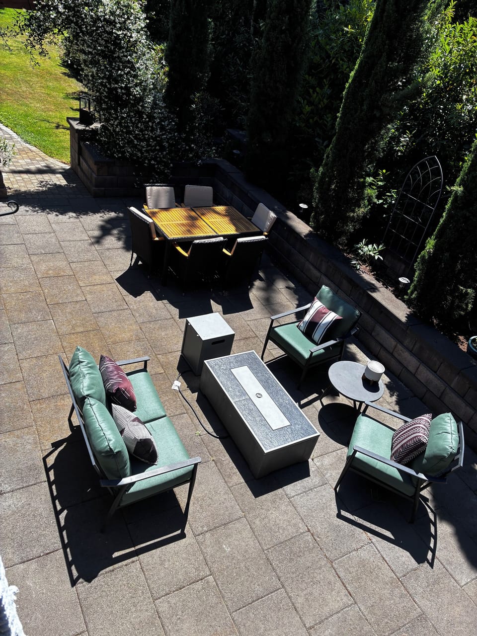 Lower patio fire pit, dining and lounge area
