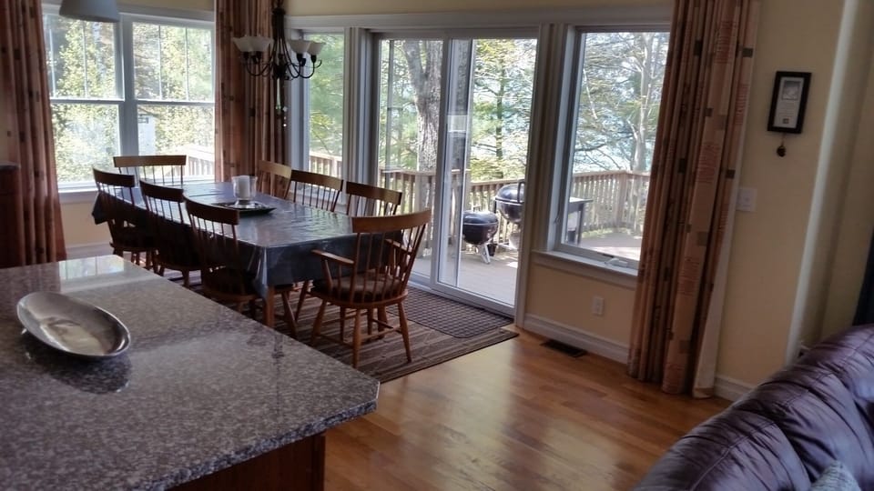 View of the dining table for 8 from the living area.