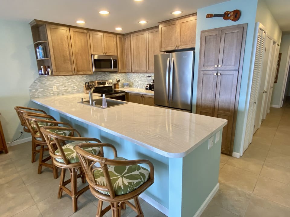 Kitchen with stove, fridge, dishwasher, microwave, coffee pot, toaster, blender