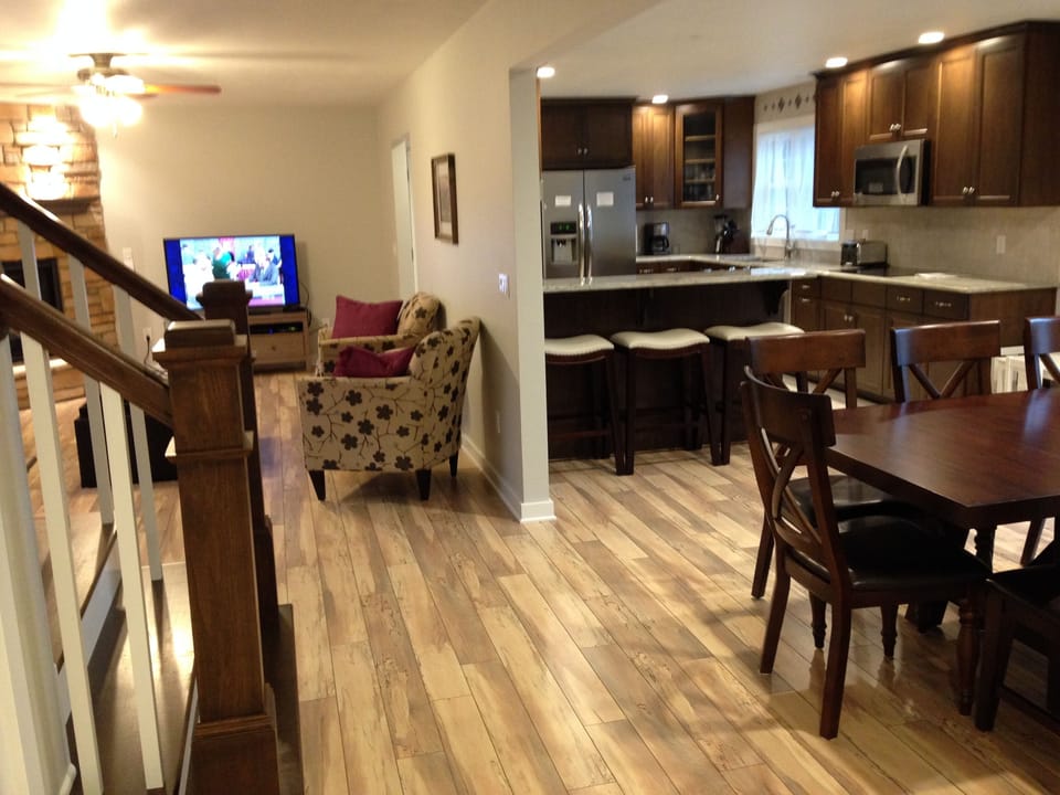 Open Floorplan, kitchen, dining room, living room with water view.