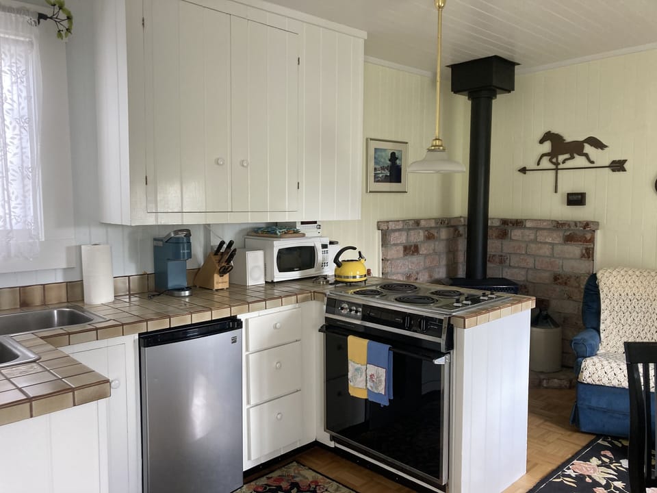 Stove, Refrigerator, Microwave In Kitchen Area