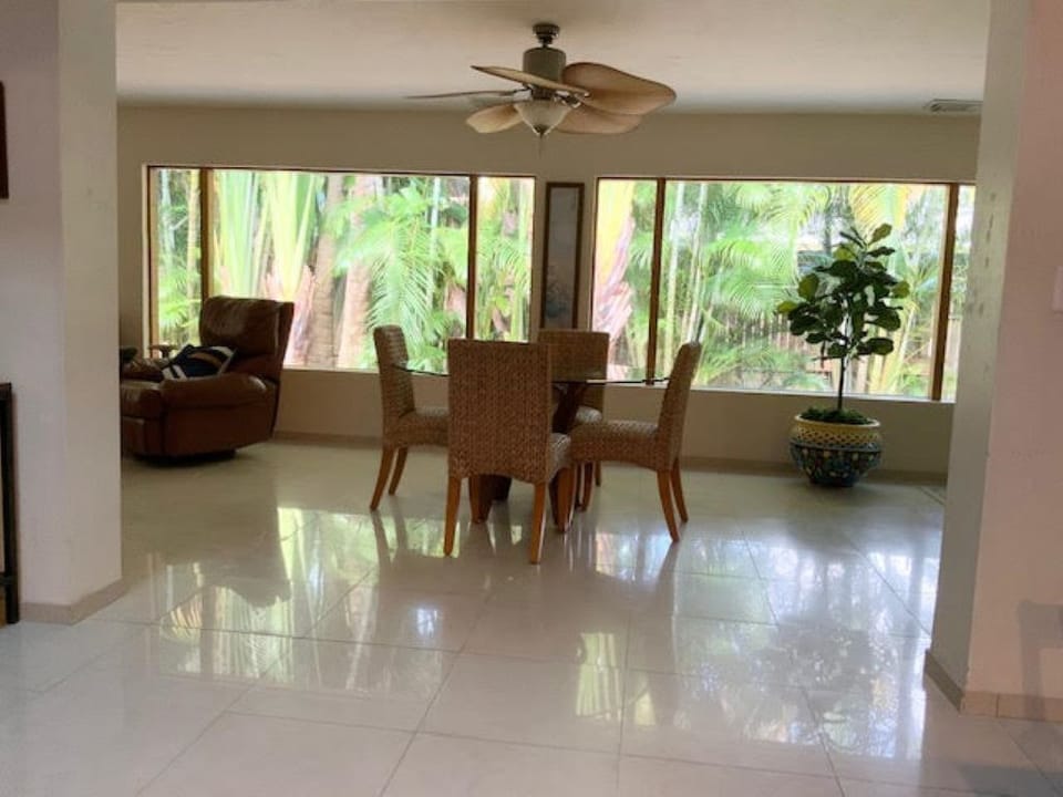 View from front door toward dinette and family room.  Tropical backdrop. 