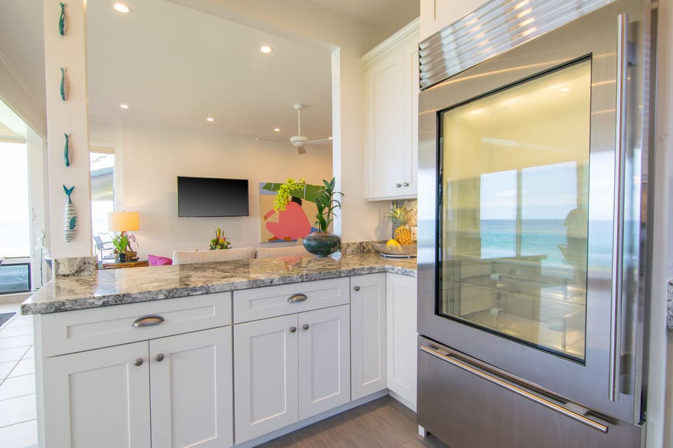 Kitchen with SubZero refrigerator.