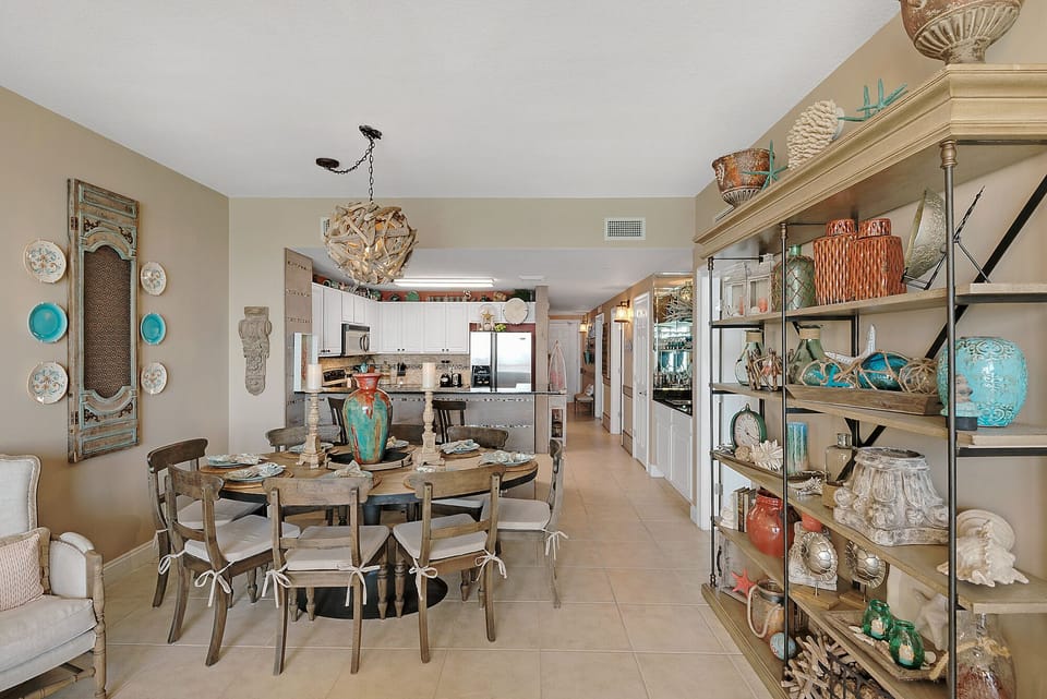 View of dining room and kitchen from family room.
