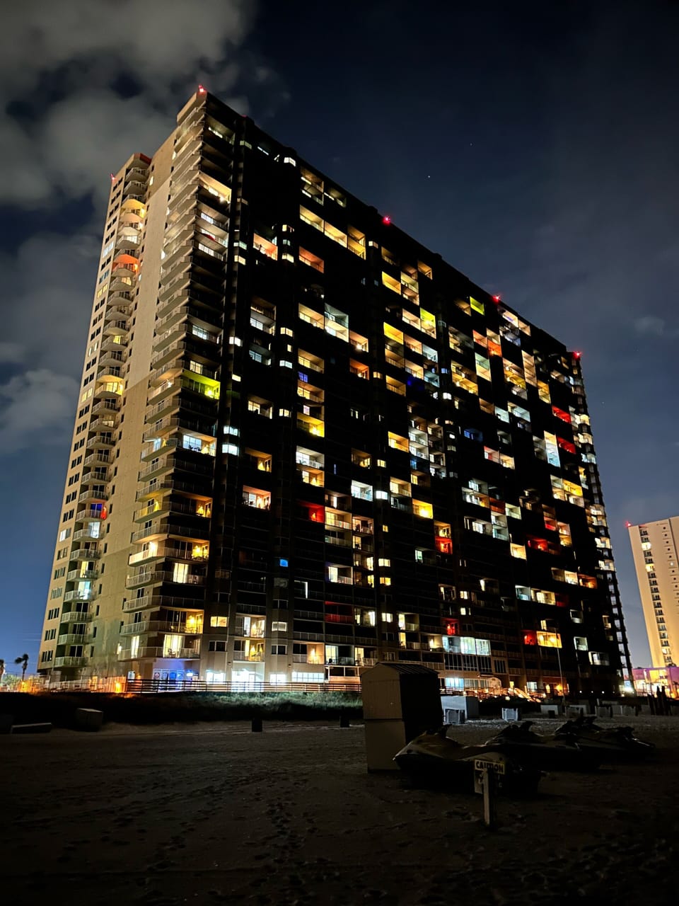 Tidewater Beach Resort at night.