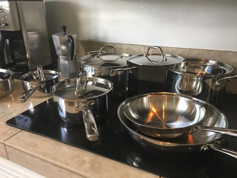 Fully loaded kitchen with new stainless steel cookware and coffee making kit
