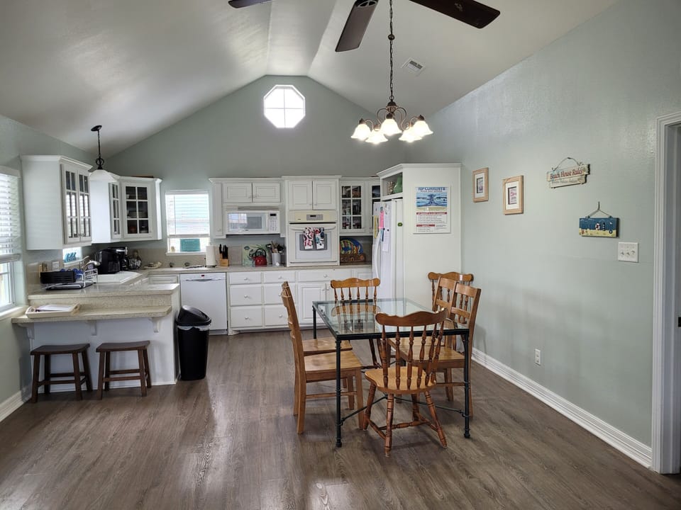 Open dining room and kitchen.
