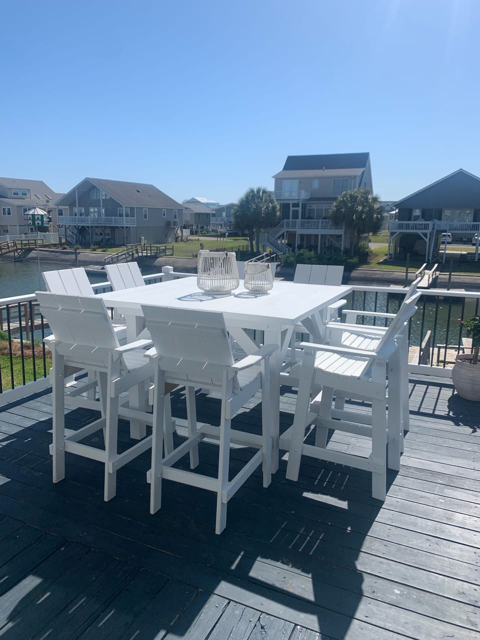 Enjoy a Low Country Feast outdoors at this high-top table.