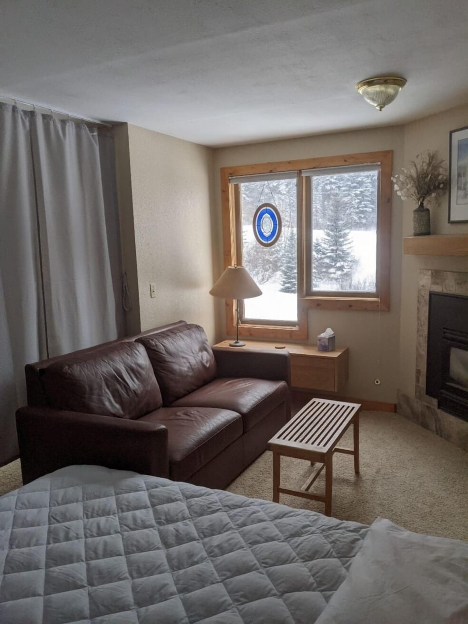 A privacy curtain and Murphy bed create a cozy sleeping space by the fireplace.