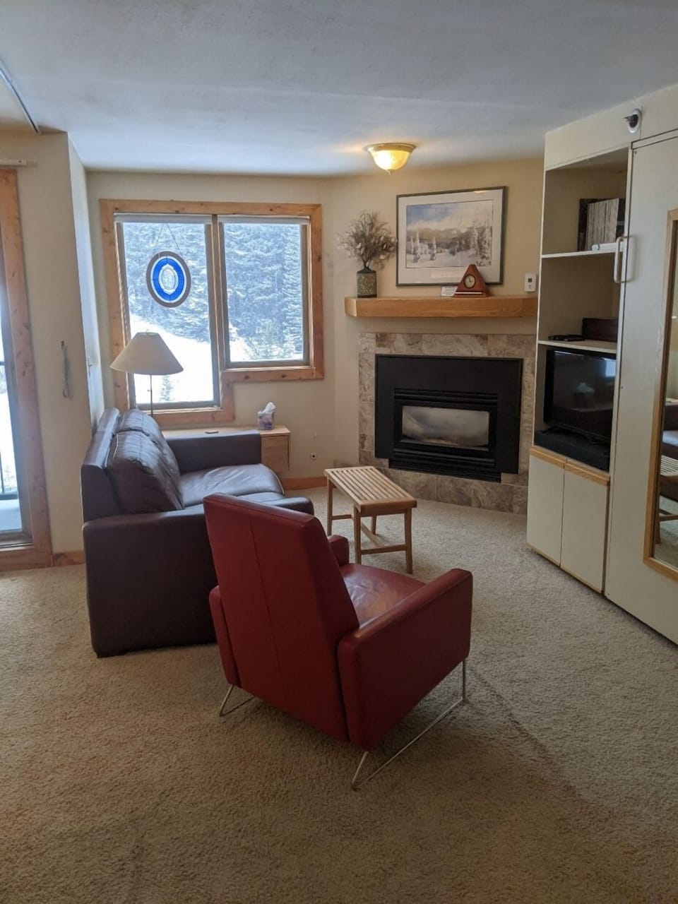 The living room has a gas fireplace.