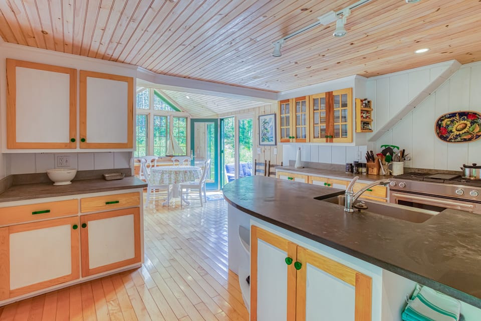 Kitchen with view out to back yard and private woods