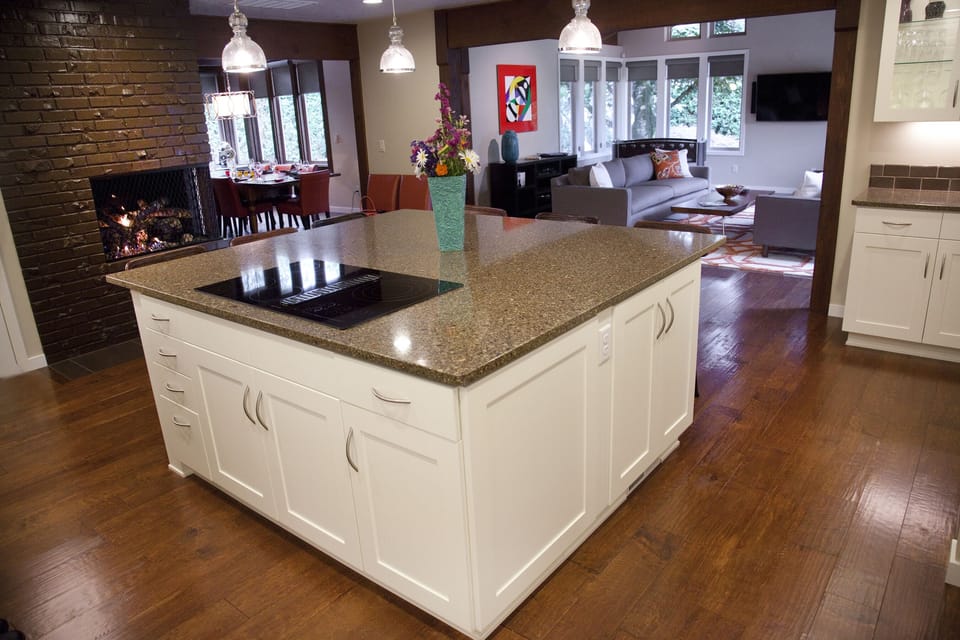 Spacious kitchen with gas fireplace for cooking and socializing