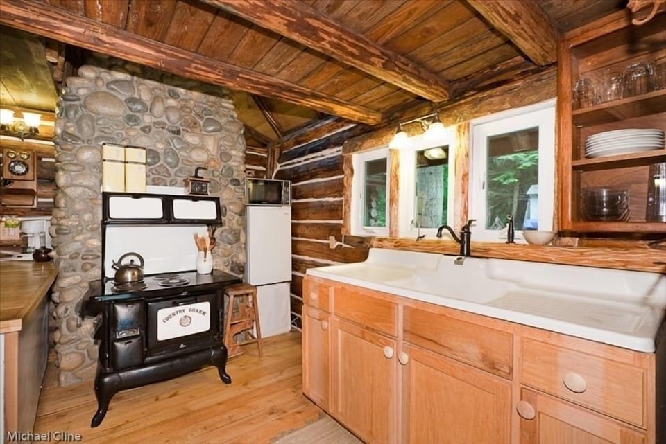 Kitchen with Replica Wood Stove, Really Electric!  Antique Kitchen Sink