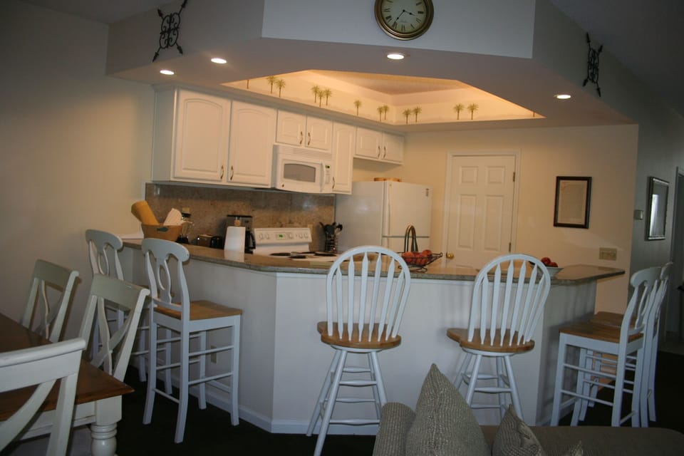 Granite counters & breakfast bar surround the kitchen area for cooking fun .