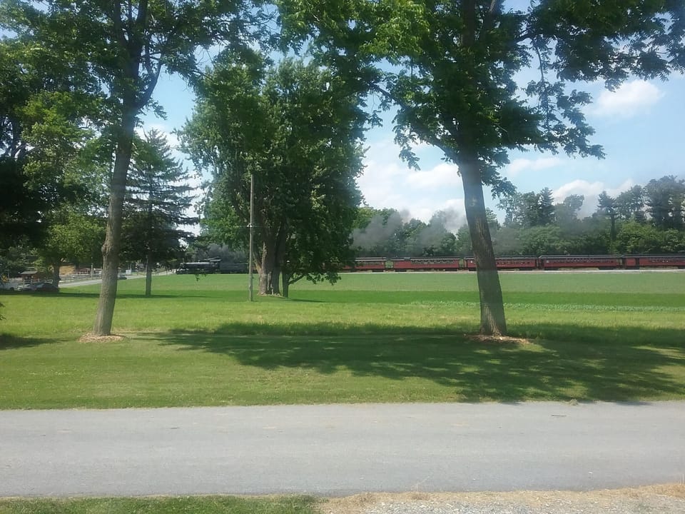 View of Strasburg Railroad and fields from North porch