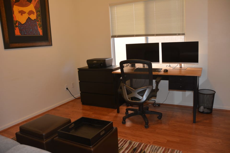Well equipped office - two 27" monitors, USB3 docking station, and printer.