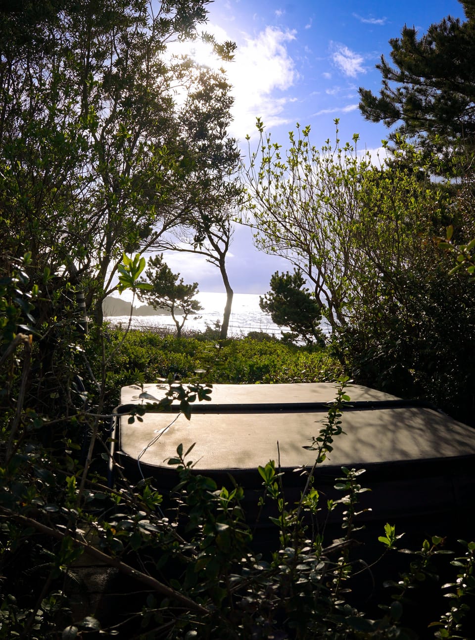 Secluded hot tub with ocean view.