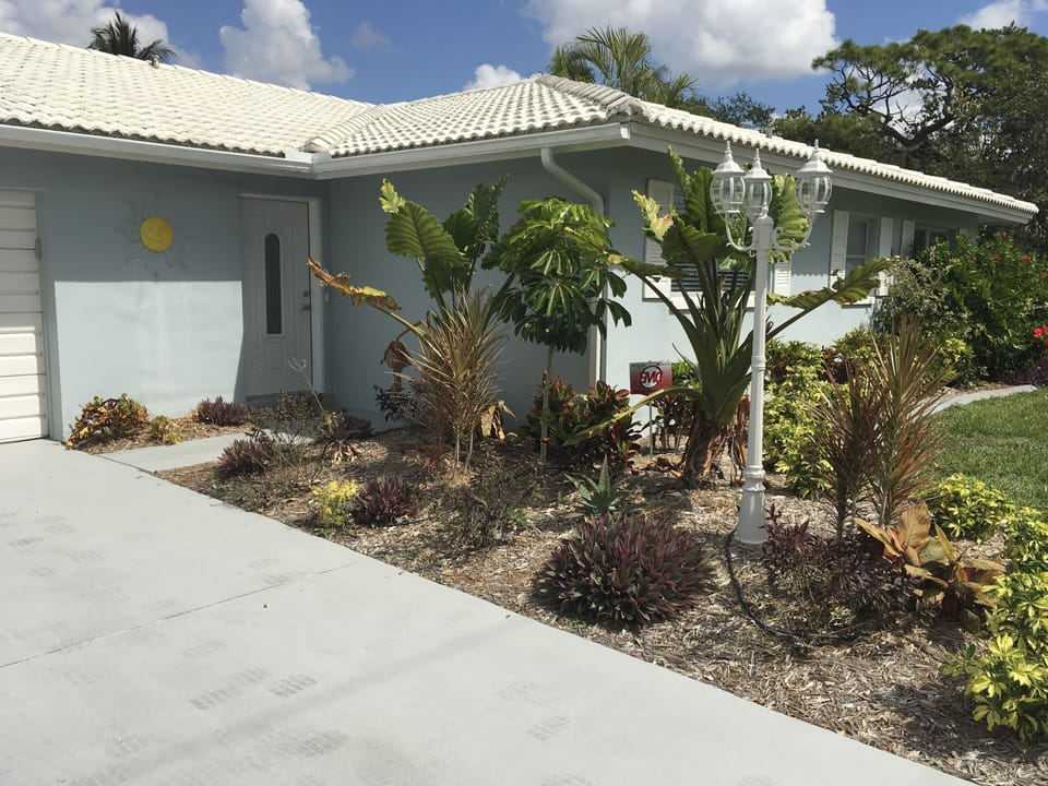 The front door and landscaping