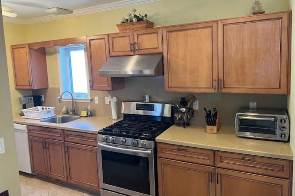 new stove and vent in kitchen