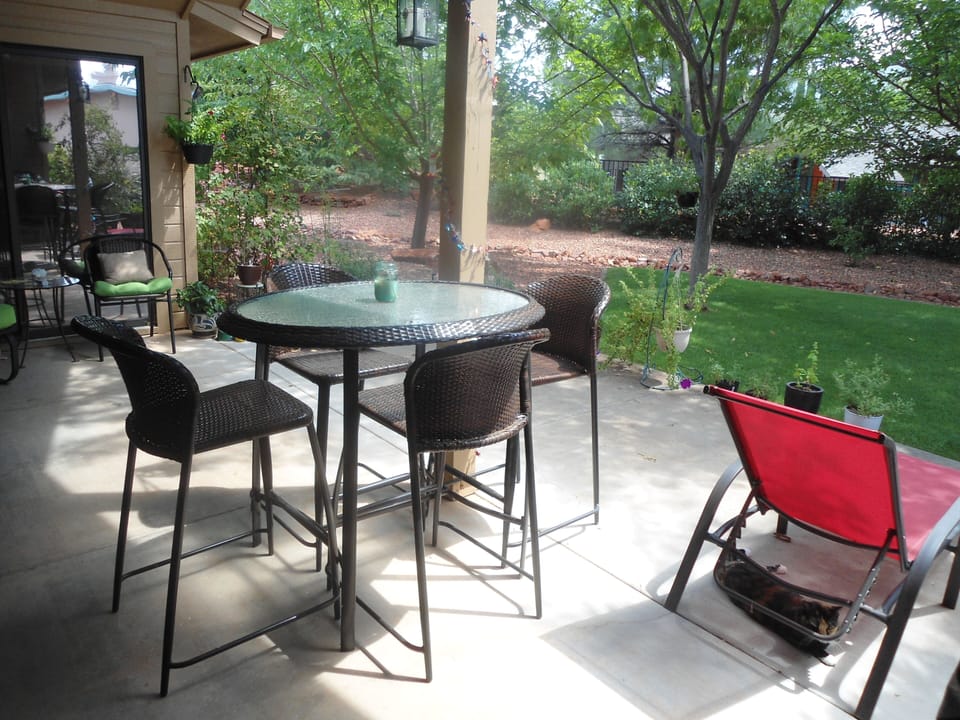 Secluded back patio surrounded by mature trees and a Weber gas grill to BBQ!