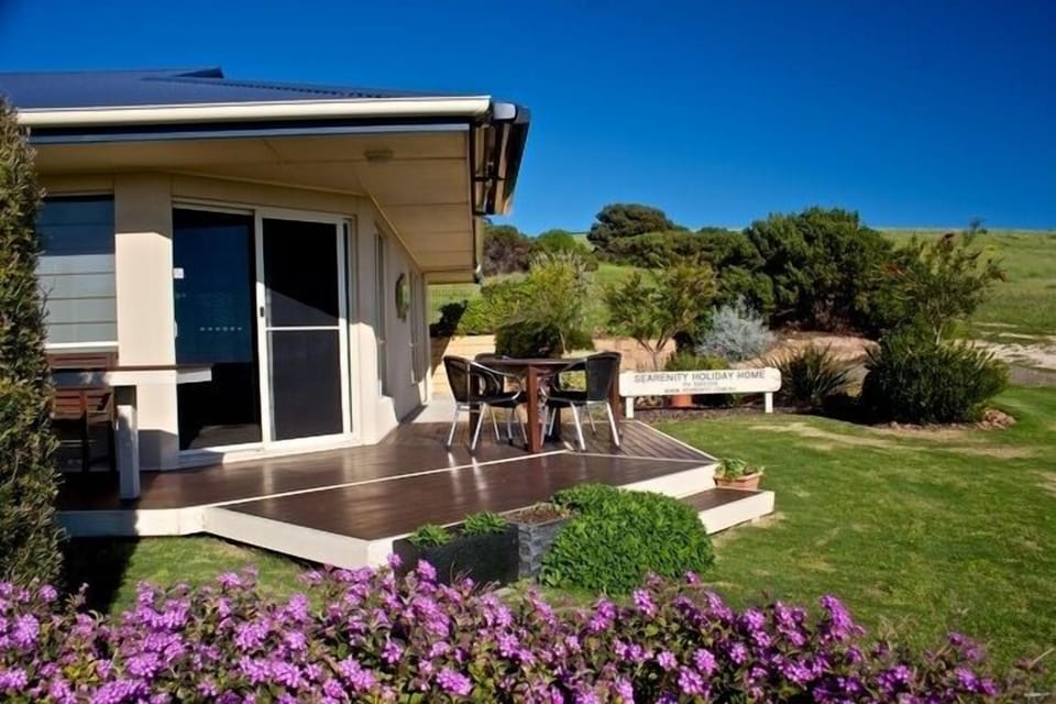 Deck fitted with remote control electric awning for maximum sun protection.