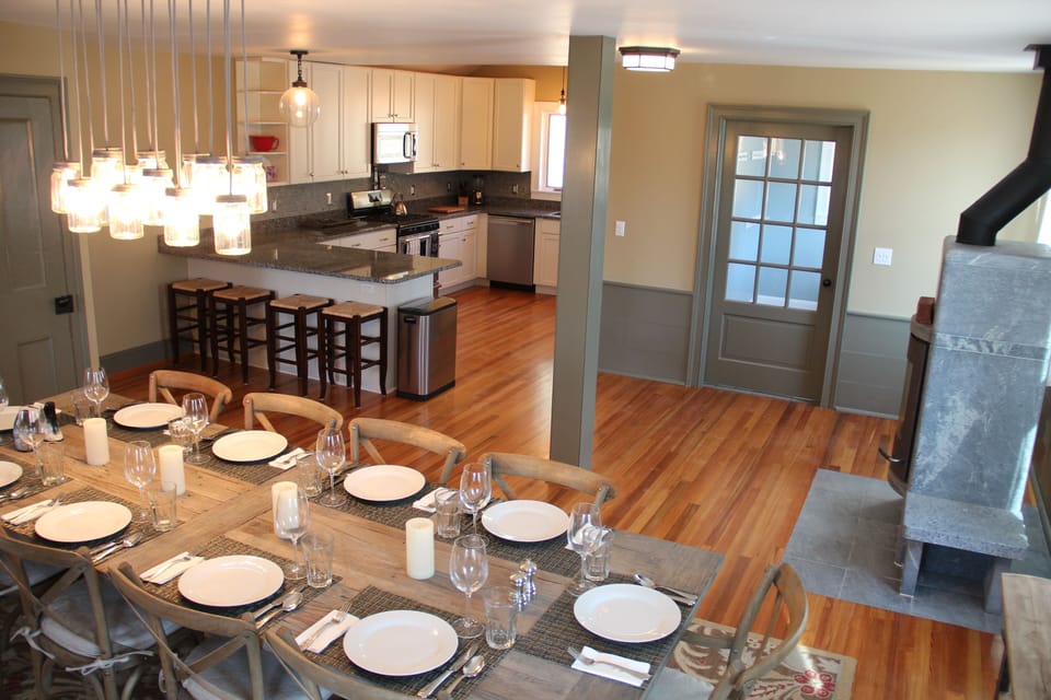 Kitchen-Great Room with Tulikivi wood-burning stove.