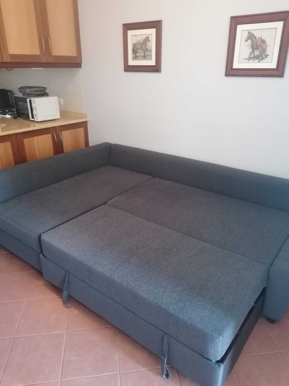 Sala de estar com sofá-cama aberto (medidas 1,40x2,00 metros)