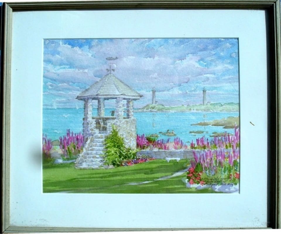 visiting artist watercolor of gazebo and Purple Loosestrife