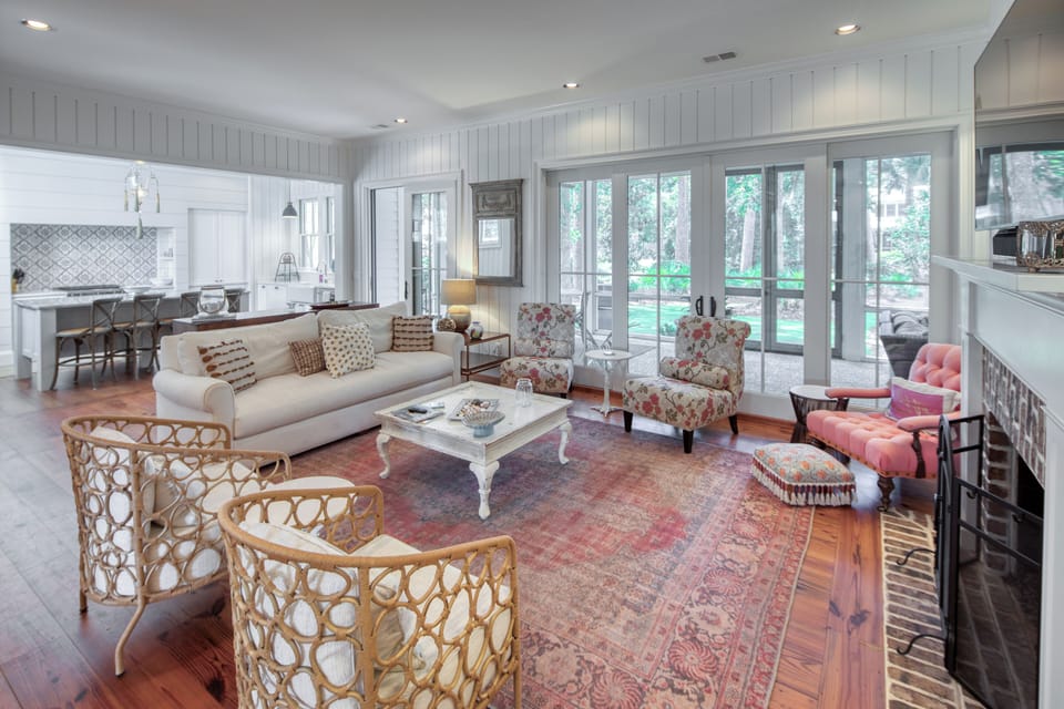 Great room and kitchen with bar stools
