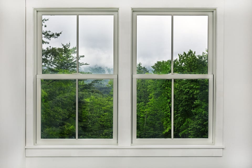 Foggy summer view from upstairs twin bedroom.