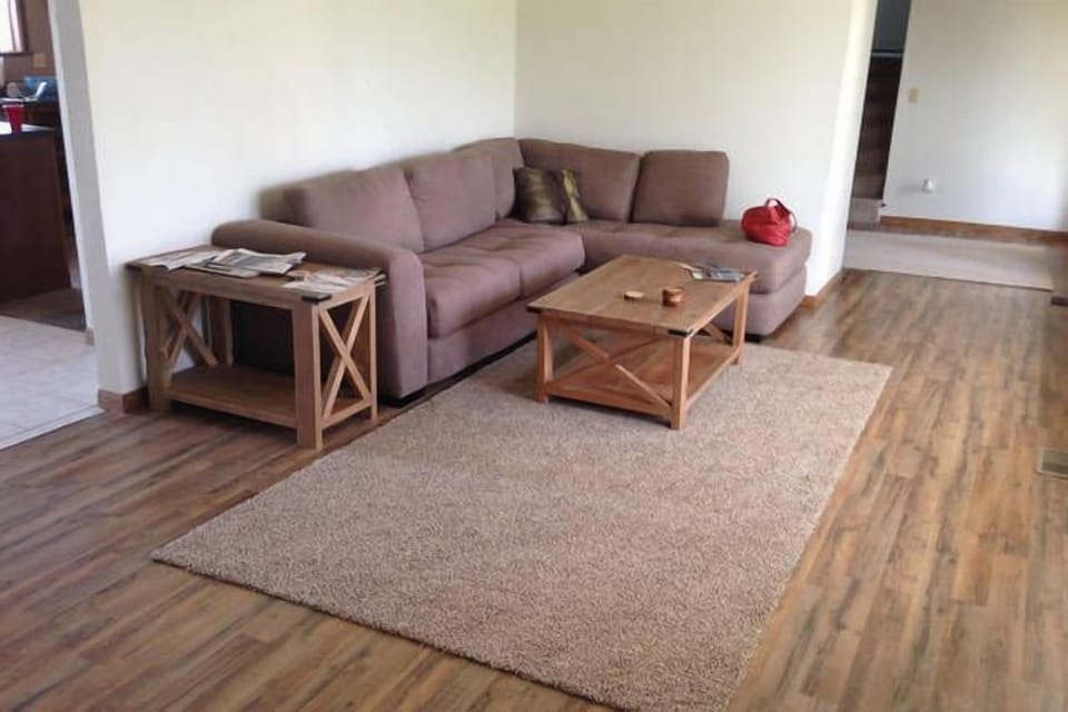Living room couch with a ton of natural light!
