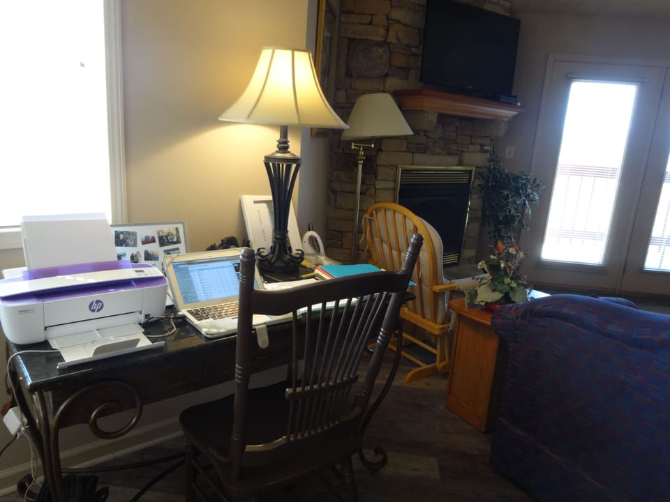 Desk/workspace between living room and dining room.