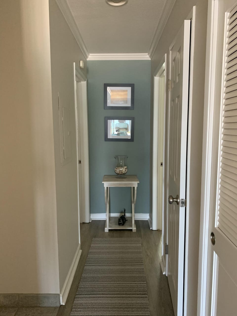 Hallway view towards bedrooms.