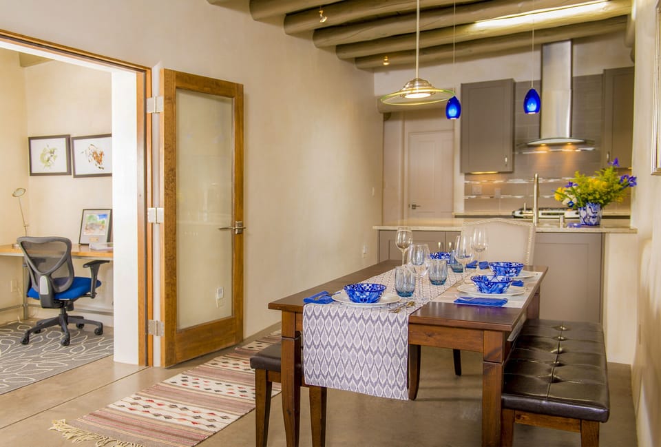 View from living room to dining space and kitchen