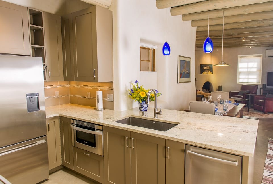 Undercounter lights and microwave along with lots of counter space